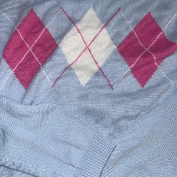 Y2K preppy soft girl Sky Blue V-Neck Sweater with Pink & White Argyle - Picture 2 of 7
